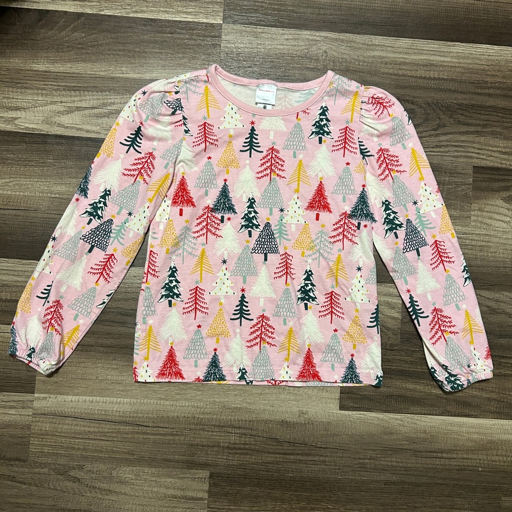 Hanna Andersson Girls Top Size 8 Pink Christmas Tree Puff Sleeve Festive Cozy